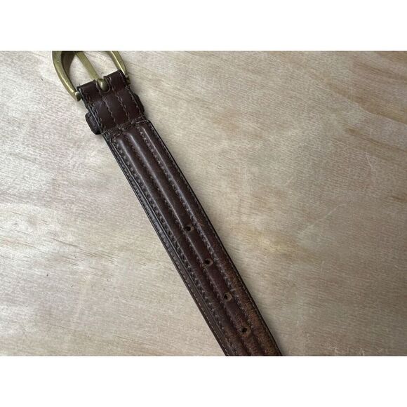 Brown Leather Belt Stamped “Italy” On Brass Buckle Medium M 34” - Picture 5 of 8